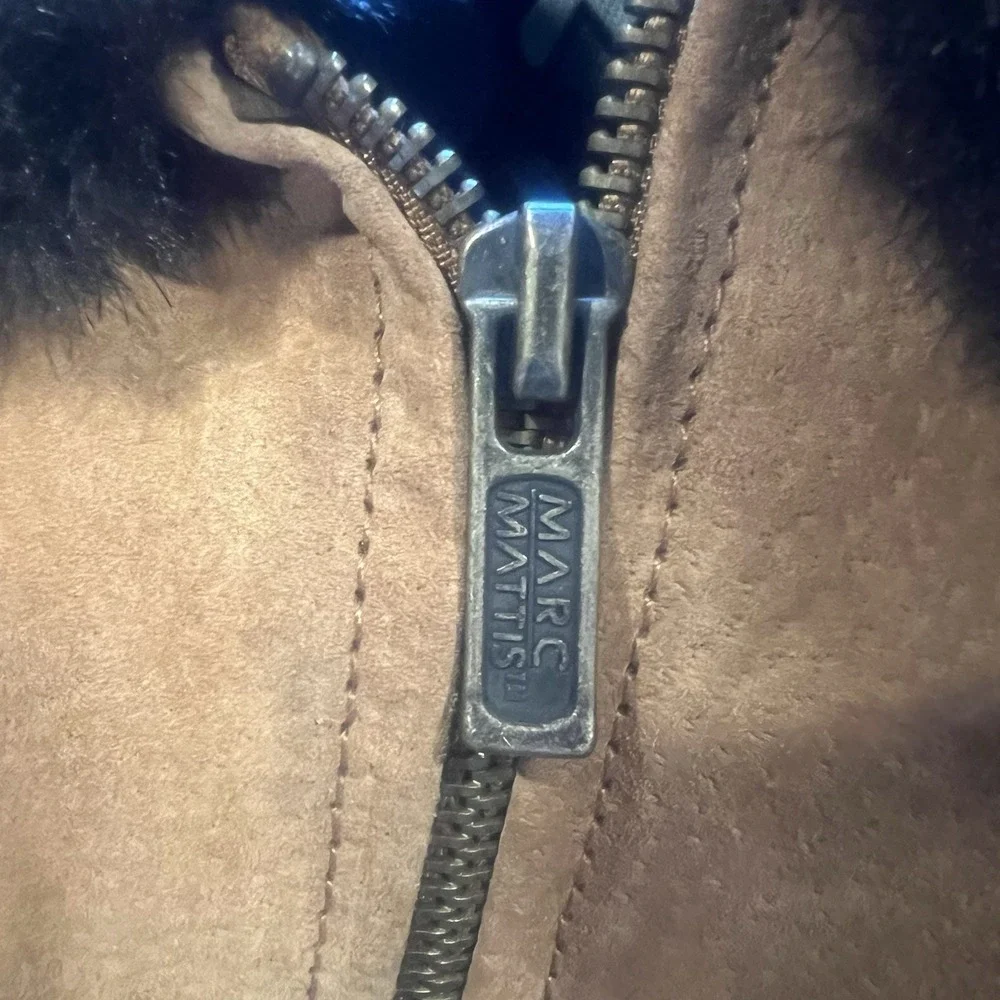 MARC MATTIS Genuine‎ Leather Brown Full-Zip Jacket Size XL Furry Hood Women's